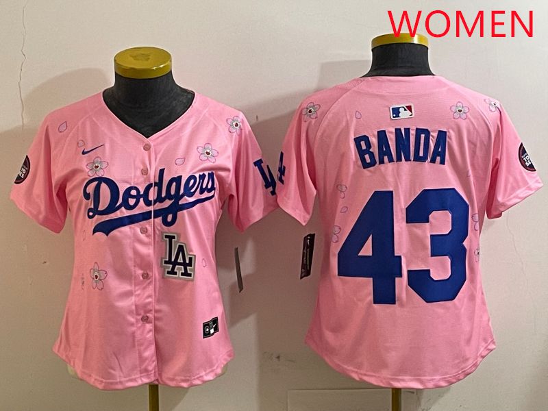 Women Los Angeles Dodgers 43 Banda Pink White Blue Sakura Edition 2025 Nike MLB Jersey style 10